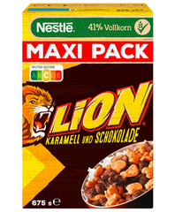 Nestlé Lion gabonapehely, csokoládé karamell ízű kukoricapehely, 41% létfontosságú teljes kiőrlésű gabona, vitaminok és ásványi anyagok, ropogós pelyhek, Maxi Value Pack, 4 db-os kiszerelés (4 x 675 g)