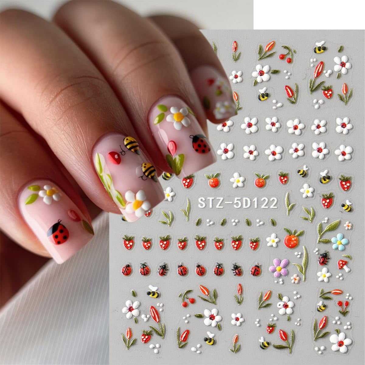 JMEOWIO 3D Nagelsticker Blumen Frucht Nail Art Sticker Selbstklebend Nagelaufkleber 5D Stereoskopisch Dekoration Nageldesign Zubehör 4 Blatt