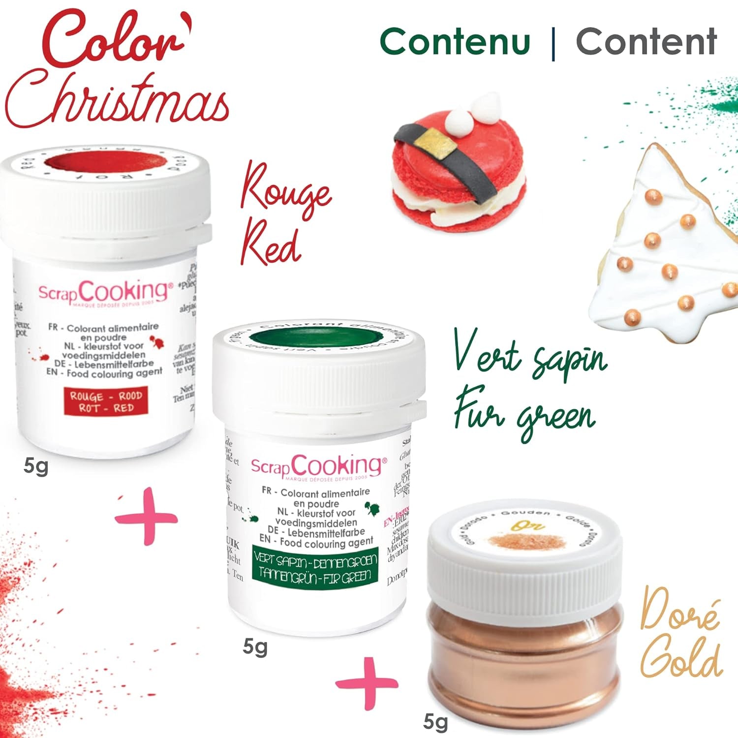 Scrapcooking - Set de 3 coloranți alimentari pudră de Crăciun - Roșu, Verde, Auriu - Colorant alimentar comestibil pentru copt, prăjituri, fursecuri, produse de patiserie, aluat, fondant - Decorațiuni de Crăciun - 4018