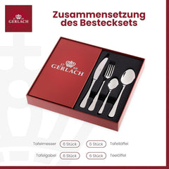 Gerlach Flow Besteck-Set 6 Personen Spülmaschinenfest Essbesteck Besteck Aus Edelstahl Messer Gabel Löffel Teelöffel Tafelbesteck Rostfrei 24 Stk, Silberglänzend Kitchen Naty Shop