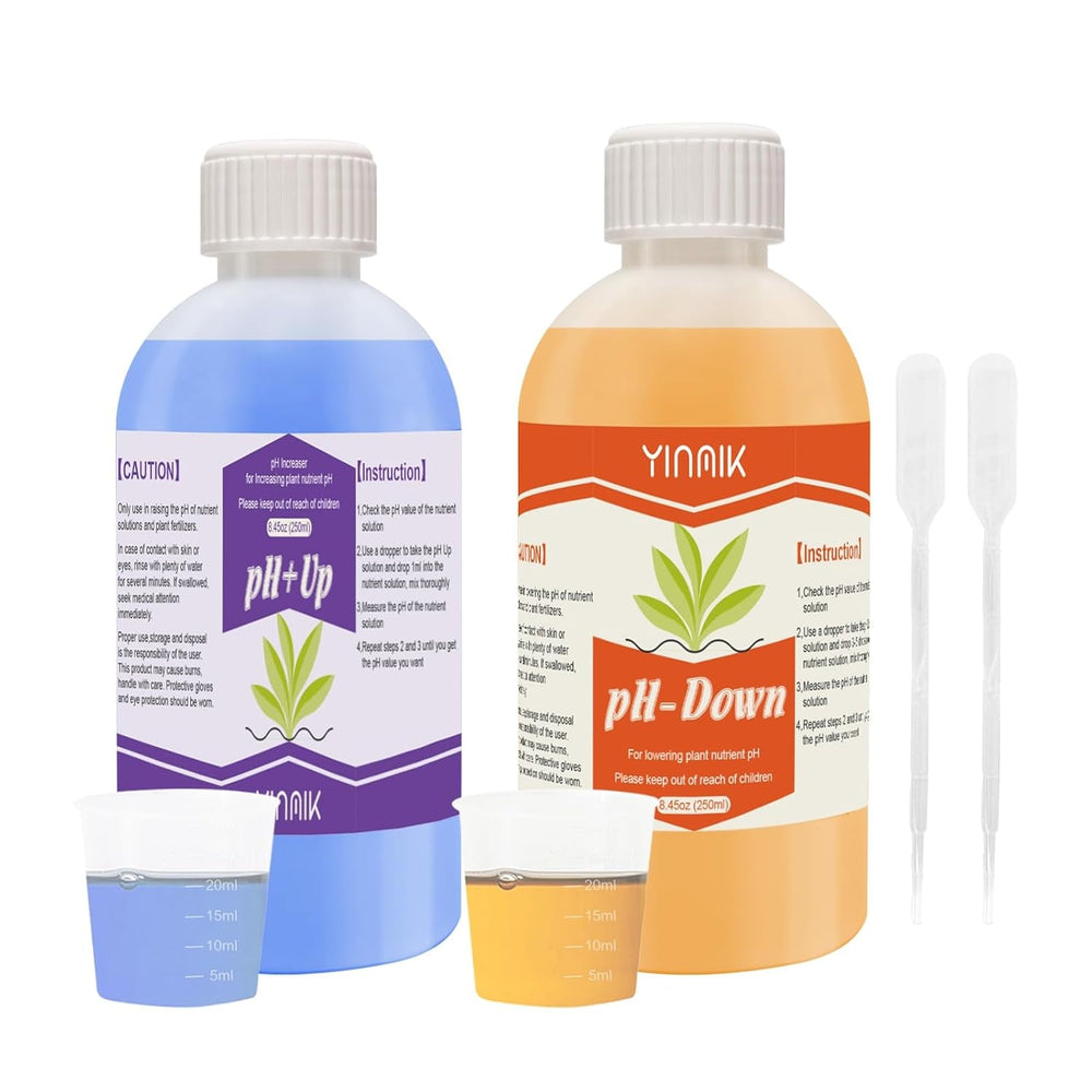 Regulator de pH pentru hidroponie, lichid pH Up și pH Down, fluid regulator de pH pentru scăderea sau creșterea valorii pH-ului, tampon premium 250 ml, potrivit pentru toate sistemele hidroponice (sol și apă)