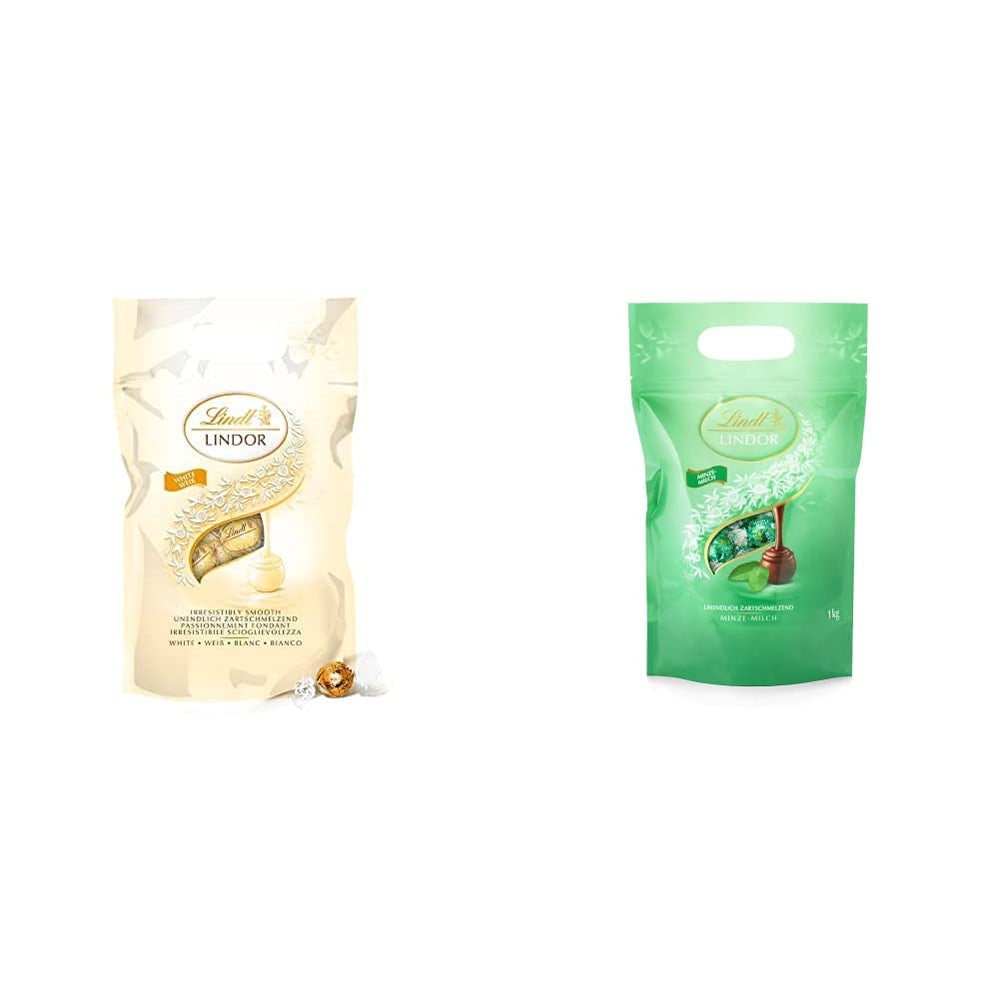 Bile de ciocolată albă LINDOR, 1 kg și LINDOR | pungă resigilabilă de 1 kg | aprox. 80 de bile de ciocolată cu lapte și mentă cu umplutură | Pachet vrac, cadou pralină, cadou ciocolată