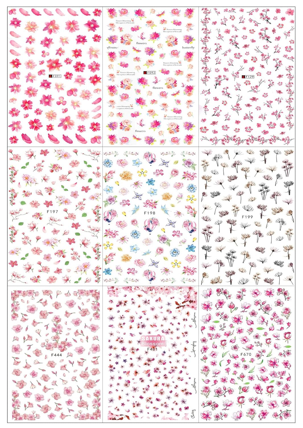 JMEOWIO Nagelsticker Frühling Blume 9 Blatt Nagelaufkleber Selbstklebend Rosa Blüte Nail Art Sticker Dekoration Nageldesign Zubehör