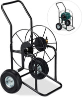Cărucior furtun Relaxdays, rolă furtun mobilă, racord 1/2" și 3/4", furtun până la 80 m, 2 roți, metal, negru