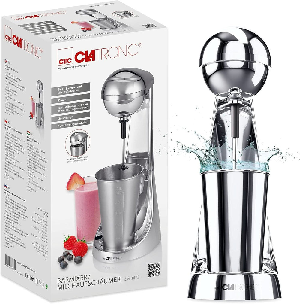 Clatronic® Barmixer U. Milchaufschäumer | Smoothie Maker | 650Ml Edelstahlbehälter | Praktischer Becherhalter | Keverő | 2 Geschwindigkeitsstufen | Kraftvoller 65 Wattos motor | Chromdesgin | BM 3472 Kitchen Naty Shop