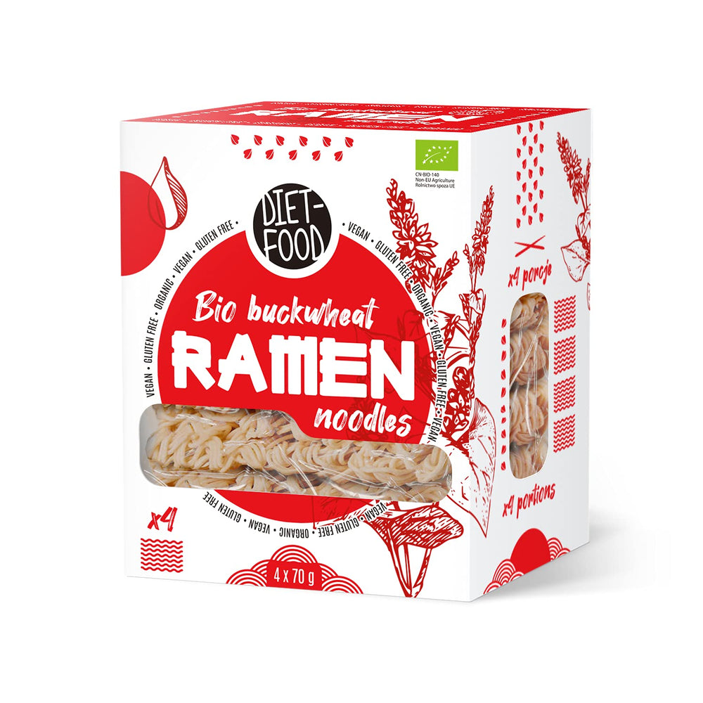 DIÉT-ÉTEL Bio hajdina ramen tészta, vegetáriánus és vegán ételek, zsírmentes, szójamentes, gluténmentes, vízben oldódó diétás tészta, alacsony kalóriatartalmú, 280 g