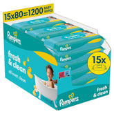 Pampers Fresh Clean nedves törlőkendő, 15 csomag 80 törlőkendő, összesen 1200 törlőkendő, könnyű illat, kézre és arcra is alkalmas