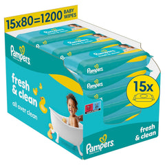 Pampers Fresh Clean nedves törlőkendő, 15 csomag 80 törlőkendő, összesen 1200 törlőkendő, könnyű illat, kézre és arcra is alkalmas
