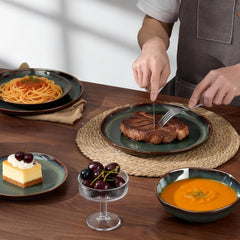 Set de veselă pentru 6 persoane, set de servire din gresie ceramică cu 24 de piese, set de veselă rotund neregulat cu farfurii, farfurii de desert, boluri pentru cereale, potrivit pentru cuptorul cu microunde și mașina de spălat vase, verde tundra reactiv