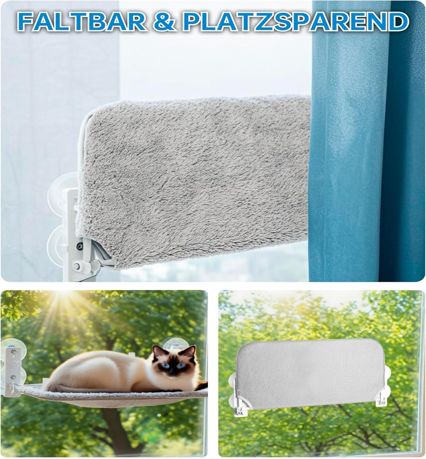 Șezlong Bnbnpup pentru pisici, pat pentru pisici, hamac pentru fereastră cu ventuze puternice până la 18 kg - husă detașabilă și reversibilă, pliabilă și stabilă (gri, L)