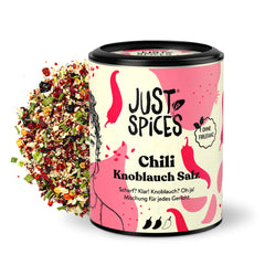 Just Spices Chili fokhagyma só I Gewürzmix, der zu allen Gerichten schmeckt I Gewürzdose, 55 g