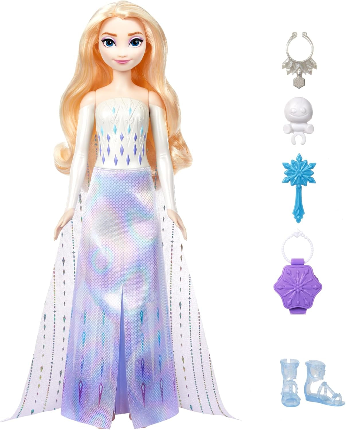 Mattel Disney The Ice Queen Elsa Fashion Doll Set, Spin & Reveal cu 11 surprize, inclusiv 5 accesorii, 5 autocolante și o scenă pentru joacă, inspirat de filmul Disney, HTG25 Papusi Naty Shop