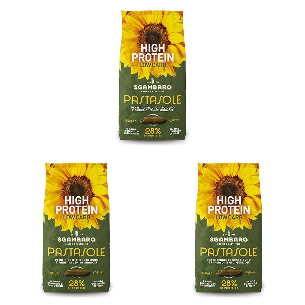 PASTÁZOL, Penne Rigate 100% olasz termesztésű durumbúza búzadarával és napraforgómagliszttel - 500g - Magas fehérjetartalmú, alacsony szénhidráttartalmú, magas rosttartalmú (3 db-os csomag)