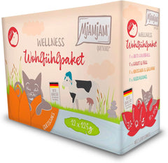 MjAMjAM – Hrană umedă premium pentru pisici - Pachet Wellness Vită, pachet de 12 (12 x 125g), fără cereale cu carne suplimentară