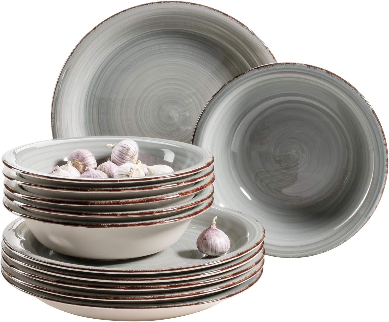 MÄSER Teller-Set Für 6 Personen Im Modernen Vintage Look, 12-Teiliges Tafelservice, Handbemalt, Blau, Steingut, Rauchblau (Bel Tempo II) Seturi vesela masa Naty Shop