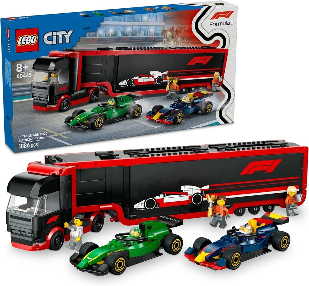 LEGO City F1 szállító RB20 és AMR24 F1 versenyautókkal – Játékautó-szállító Red Bull és Aston Martin Forma 1 csapatok számára – Beleértve 5 minifigura – Ajándék 8 év feletti fiúknak és lányoknak 60445 Építőkészlet Beuche den LEGO-Store Alapértelmezett cím