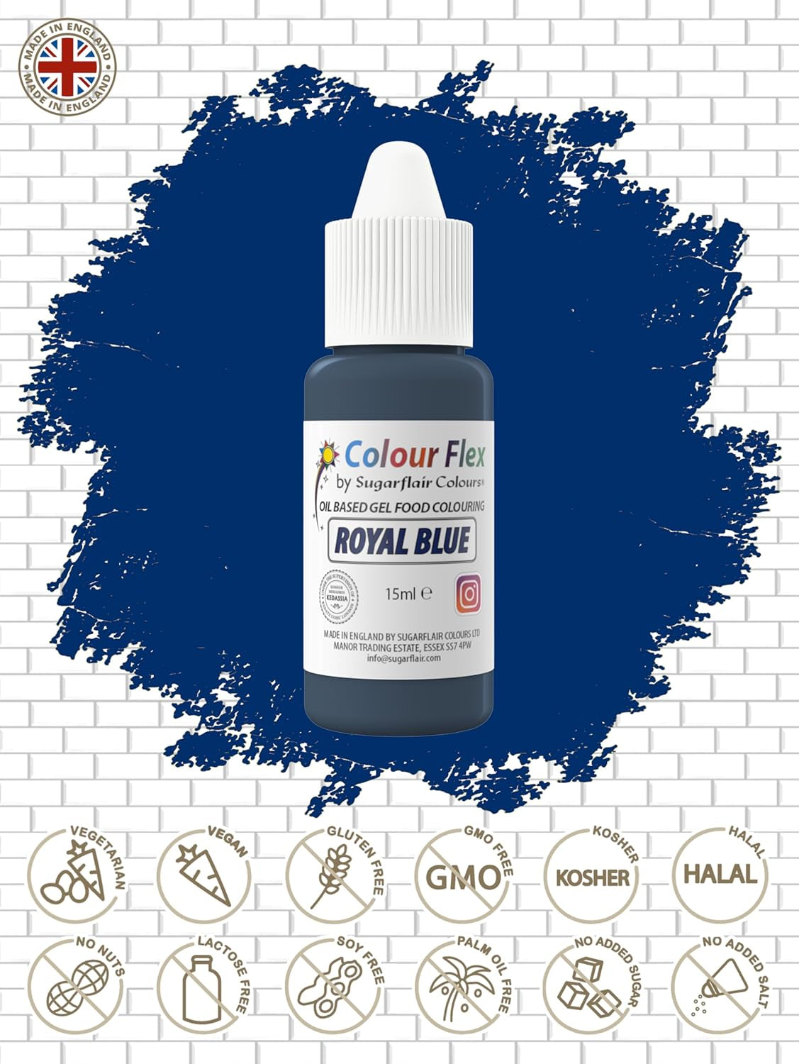 Colorant alimentar pe bază de ulei Sugarflair Colourflex, albastru regal, colorant alimentar lichid foarte concentrat, colorant alimentar pentru cremă de unt, ciocolată, aluat, fondant, glazură și multe altele - 15 ml