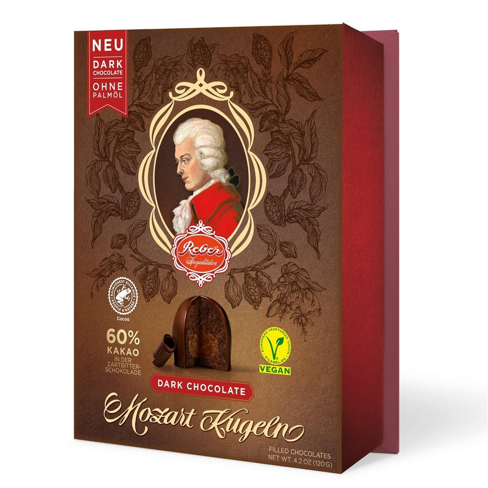 Bile Reber Mozart cu ciocolată neagră, pachet de 6 cu marțipan și nuga, vegane - 1 x 120 g