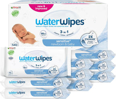 WaterWipes Sensitive+ nedves törlőkendő újszülötteknek és csecsemőknek, 540 db (9 csomag), 3 az 1-ben tisztítás, ápolás, védelem, 99,9% víz, illatmentes