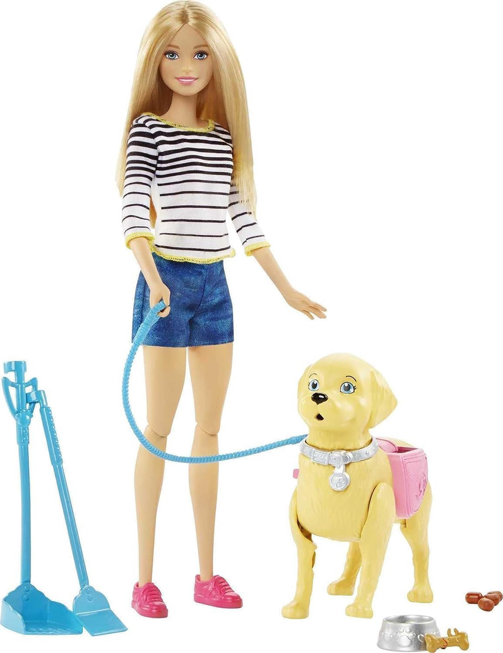 Păpușă Barbie Walk and Potty, păpușă blondă cu câine plimbăreț, lingură pentru caca, accesorii, inclusiv câine păpușă, cadou pentru copii, jucărie pentru copii cu vârsta de 3 ani și peste, DWJ68