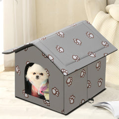 Katzenhaus für Draußen Winterfest und Wasserdicht, Faltbare Outdoor Katzenhöhle mit Abnehmbarem Kissen, Wetterfestes Tierheim für Streuner und Haustiere, Waschbar und Isoliert (Graue Katzenpfote, M)