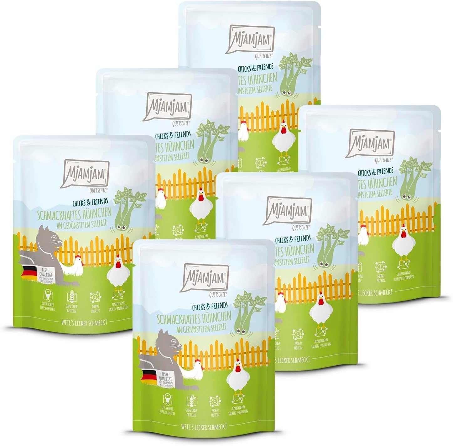 Mjamjam - Hrană umedă premium pentru pisici - Chicks & Friends Box, 9 pachete (9 X 300G), fără cereale și cu carne suplimentară