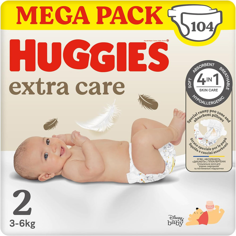 Huggies Extra Care babapelenka, 2-es méret (3-6 kg), szuper nedvszívó, Disney Design, Mega Pack, 104 db