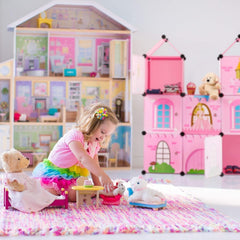 Relaxdays Raft pentru camera copiilor, castelul prințesei, plastic, dulap DIY cu uși, HBT: 128 X 110 X 37 Cm, roz Casute de papusi Naty Shop