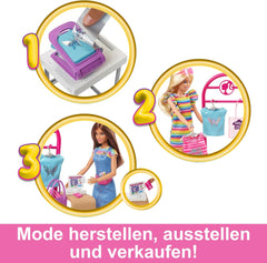 Set de joacă Barbie Fashion Boutique - Păpușă cu modele din folie, peste 150 de look-uri originale, include 2 bluze și 5 foi din folie, suport pentru haine și cititor de carduri de credit, vârste 3+, HKT78