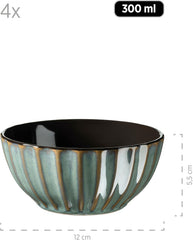 Set de veselă MÄSER 931966 Confino Series pentru 4 persoane, aspect vintage modern, set de mic dejun din ceramică, 12 piese, culoare petrol cu accente negre, gresie