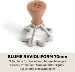 Set de forme pentru ravioli și biscuiți MARCATO, aparat de făcut ravioli, formă pentru biscuiți, lemn masiv și fontă, fabricat în Italia, formă de stea 65 mm + formă de floare 70 mm