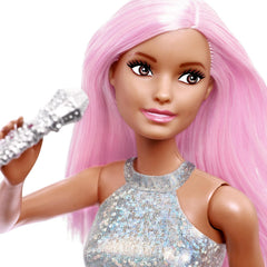 Barbie Pop-Star-Puppe gekleidet in einem schillernden Rock mit Mikrofon und rosafarbenem Haar, Geschenk für Kinder von 3 bis 7 Jahren, JCW42, Schillernd