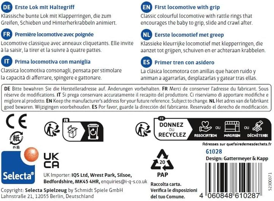Jucărie de prins locomotivă Selecta, 8,5 cm, lemn, 6 luni - 3 ani, locomotivă cu inele zornăitoare Jucarii Bebe Naty Shop