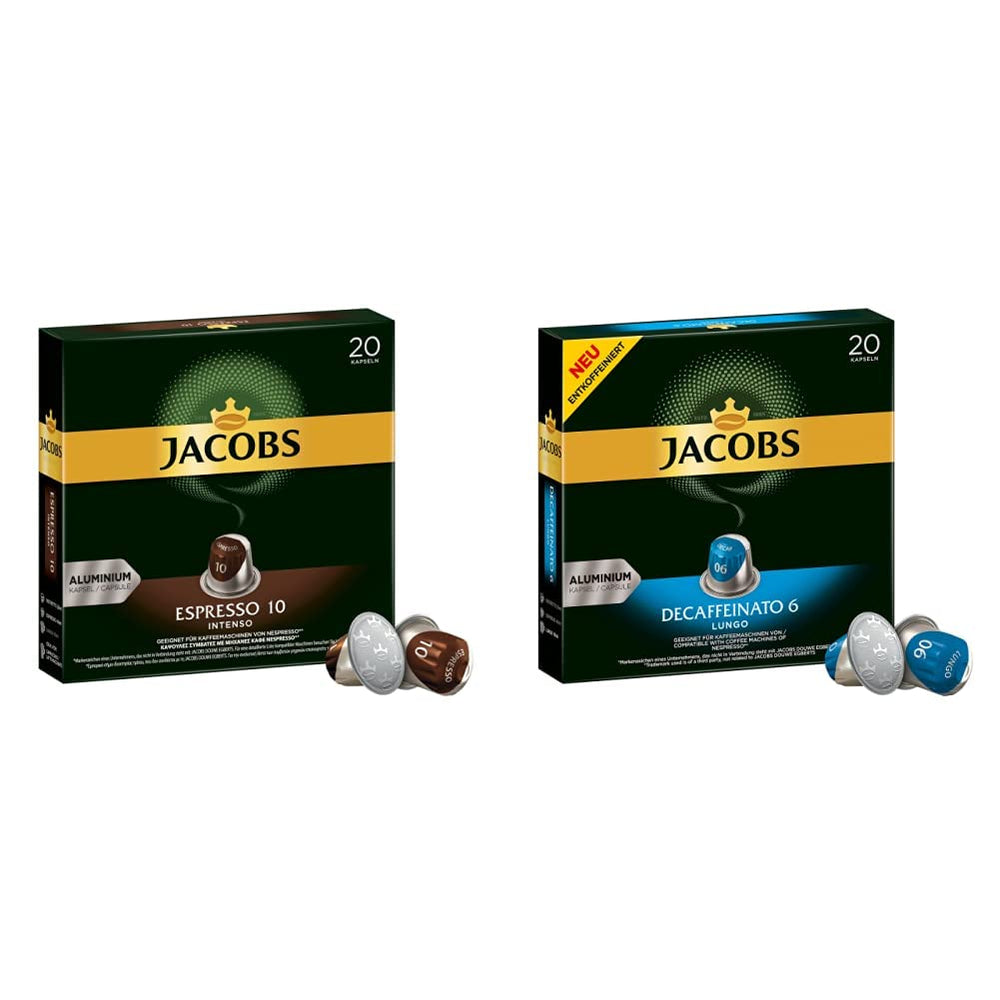 Kaffeekapseln Espresso Intenso, Intensität 10 von 12, 10 x 20 Getränke & Kaffeekapseln Lungo Decaffeinato- Intensität 6- 200 Nespresso kompatible Kapseln, 10er Pack, 10 x 20 Getränke