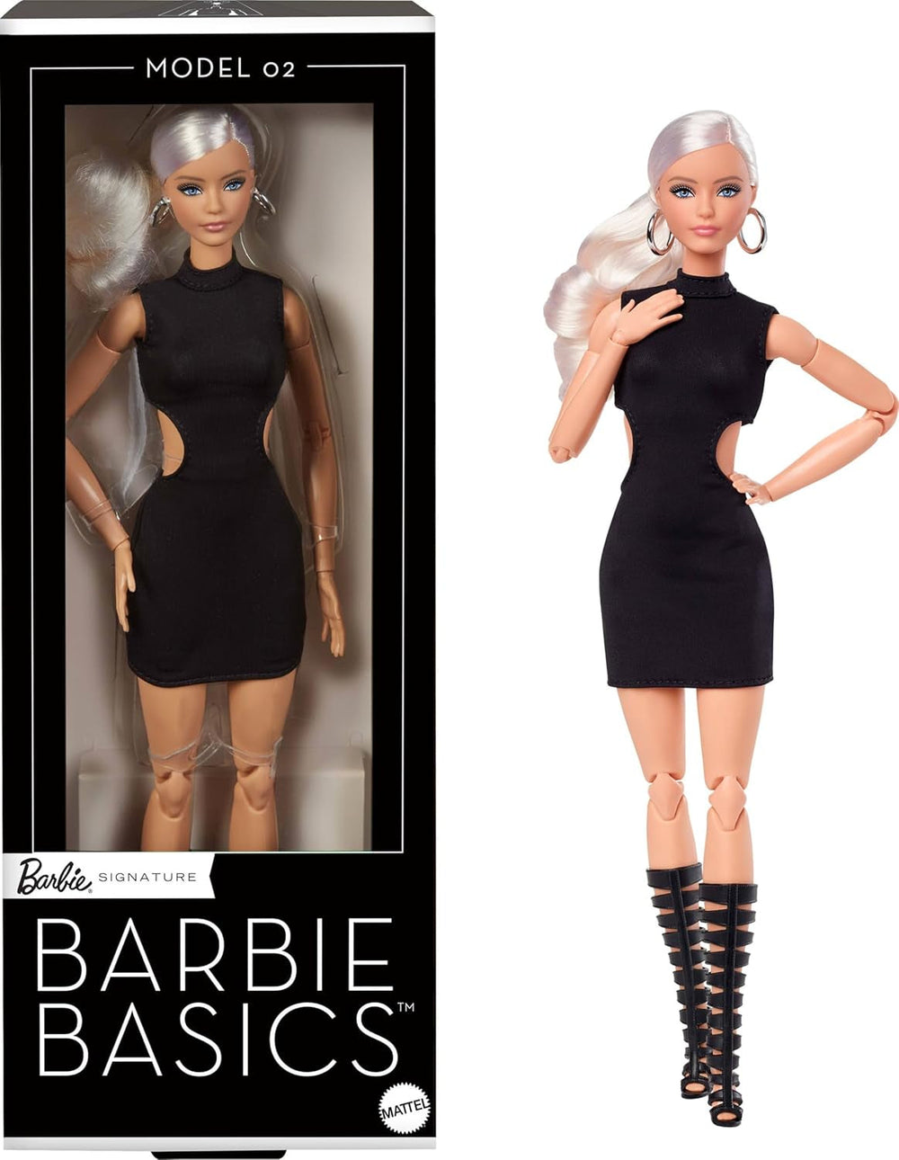 Barbie Basics Model 2 gyűjthető baba szőke hajjal, fekete miniruhával és Gladiátor csizmával, univerzális szabású divattal, mozgatható testtel és cserélhető fejjel, JBH71 Naty Shop babák alapértelmezett címe