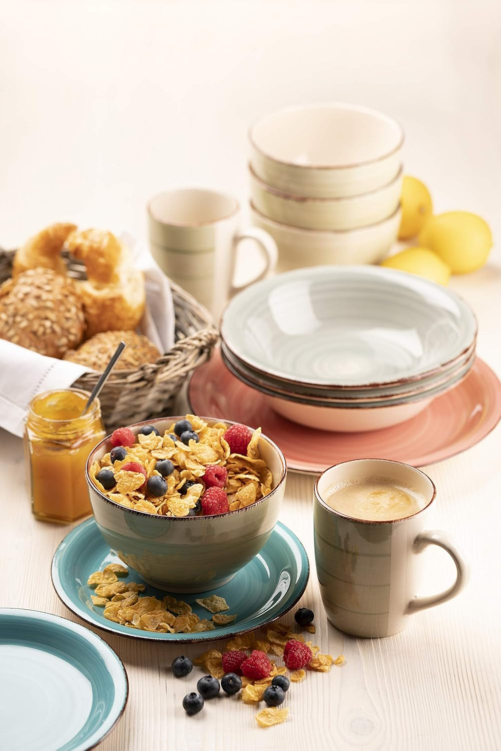 MÄSER set de farfurii pentru 6 persoane cu aspect vintage modern, serviciu de masă din 12 piese, pictat manual, verde, gresie, verde măsliniu (Bel Tempo II) Seturi vesela masa Naty Shop