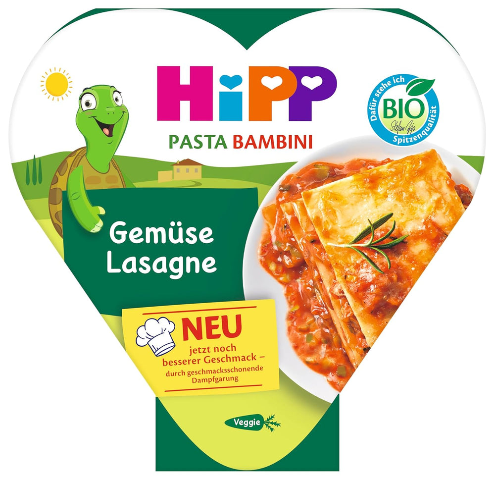 HiPP bio növényi lasagna (6 x 250g), étel 1 éves kortól, enyhén párolt, vegetáriánus, fűszerezett gyerekeknek, bio minőség