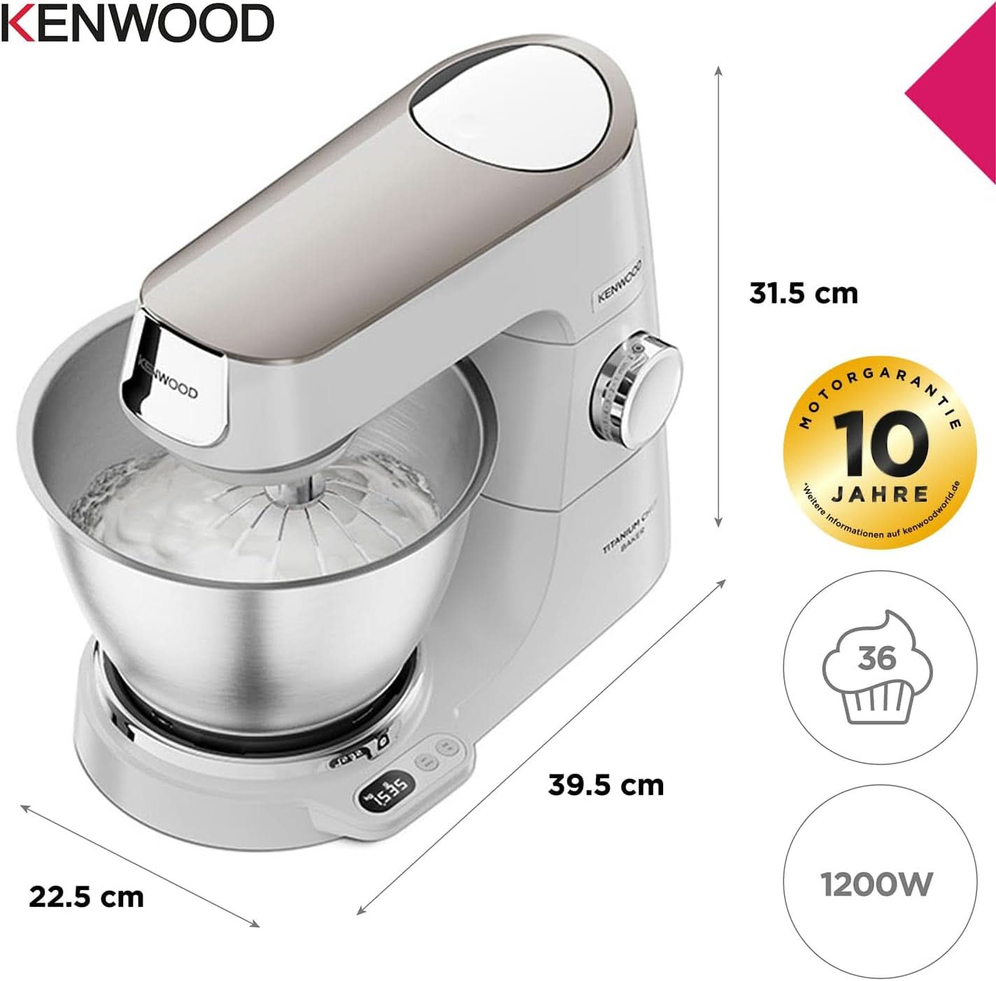 Kenwood Titanium Chef Baker KVC65.001WH, Küchenmaschine Mit Integrierter Waage, 1200 Watt, Inkl. 3-Teiligem Patisserie-Set, Spatel & Spritzschutz, Weiß Mama si Copilul Naty Shop