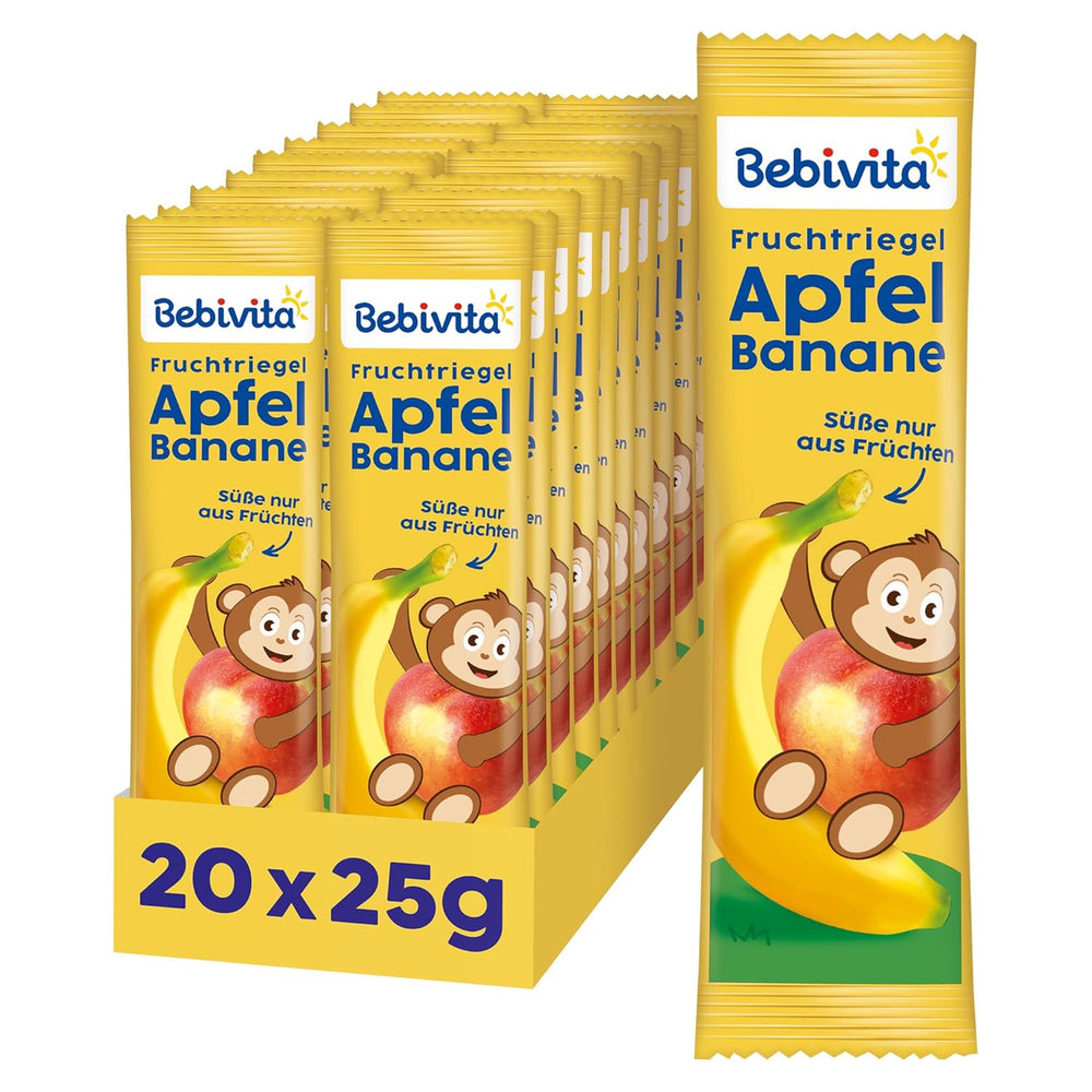 Alma és banánszeletek (20 x 25g), kizárólag gyümölccsel édesítve, tökéletes falat az étkezések között, szigorúan ellenőrzött és válogatott alapanyagokból.