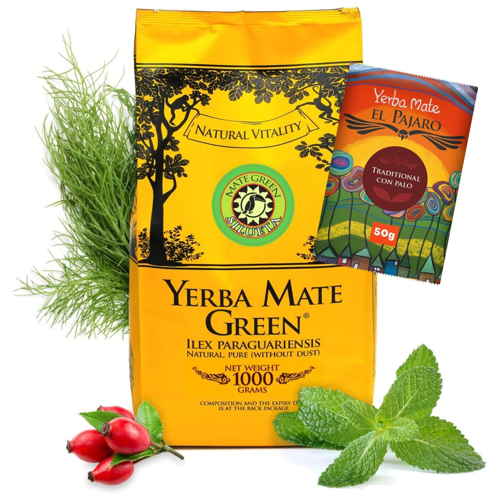 Yerba Silueta 1000 G ● Ceai Mate ușor dulce și acru ● Cu frunze de mentă, măceșe ● Aromă de fenicul și mere ● Calitate superioară Pachet mare ● Ceai Mate Loose Leaf 1Kg + El Pajaro 50G