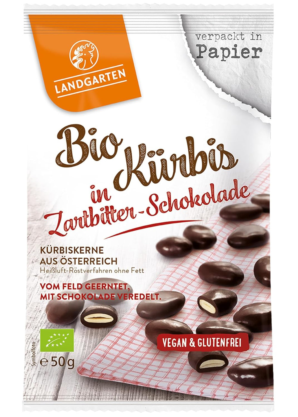 Landgarten bio tökmag étcsokoládéban - Vegán pörkölt tökmagos csokoládé snack - Magnéziumforrás - 1 x 50g