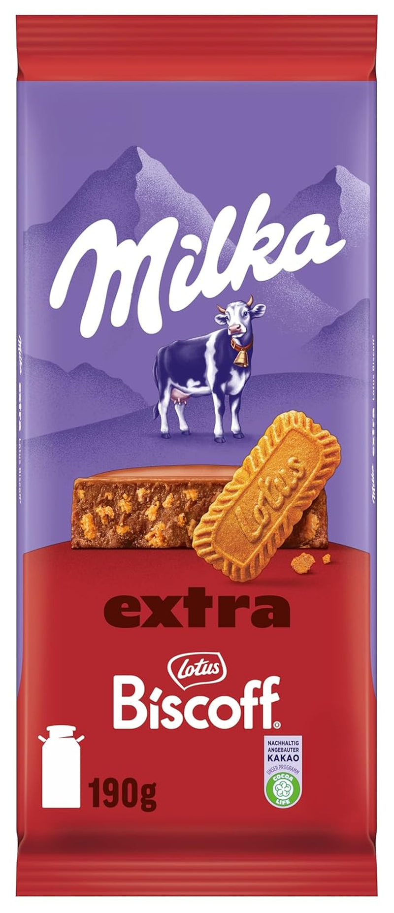 Milka Extra Biscoff Chocolate – alpesi tejcsokoládé ropogós Lotus Biscoff kekszdarabokkal – 190g