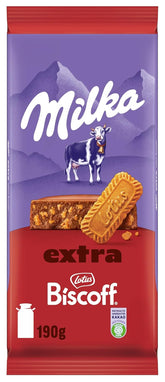 Milka Extra Biscoff Chocolate – alpesi tejcsokoládé ropogós Lotus Biscoff kekszdarabokkal – 190g