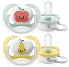 Suzetă Philips AVENT ultra air - pachet de 2, fără BPA, respirabilă, pentru bebeluși 0-6 luni, inclusiv cutie de transport și sterilizare, măr/pară (model SCF080/17)