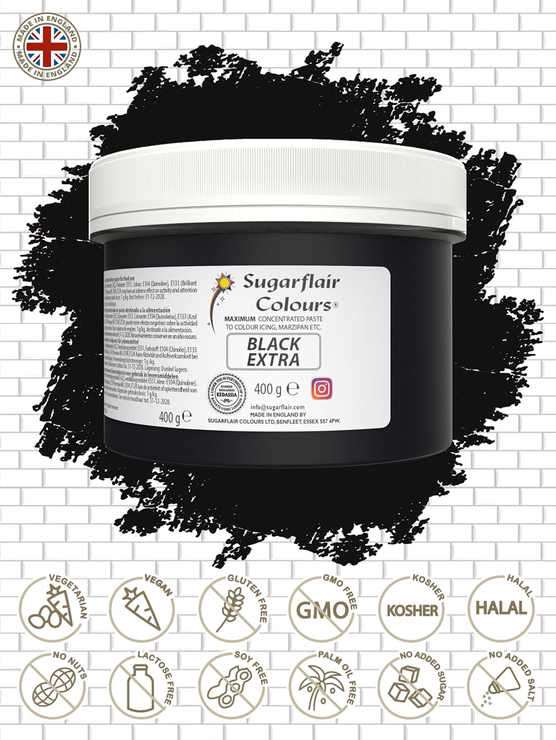 Colorant alimentar Sugarflair Max Concentrated Black, colorant alimentar foarte concentrat pentru marțipan și fondant, colorant pastă Max Concentrate - 400 g