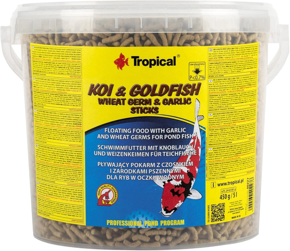 Búzacsíra és fokhagyma rudak KOI&Goldfish 5L / 430g - Tavi haleledel koihalak napi etetésére széles hőmérsékleti tartományban 8-30°C között