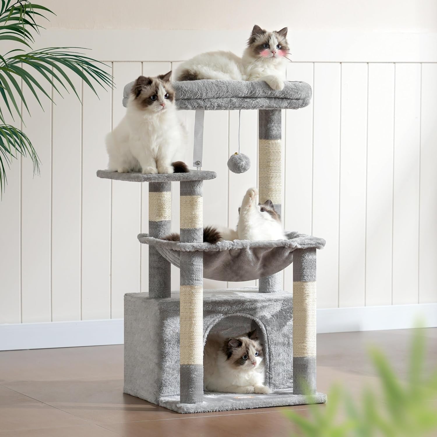 Heybly, copac pentru pisici cu coș moale și extra mare, stâlp de zgâriat pentru pisici cu pat spațios și zonă de dormit ascunsă, stâlpi robusti de zgâriat din sisal, gri deschis HCT008SW