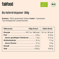 fairfood Bio Haferdrink Pulver 360g - nachhaltige Milchalternative - vegán, glutenfrei und ohne Öl - bis zu 4L Haferdrink - zum Selbermischen - 100% Bio-Vollkornhafer