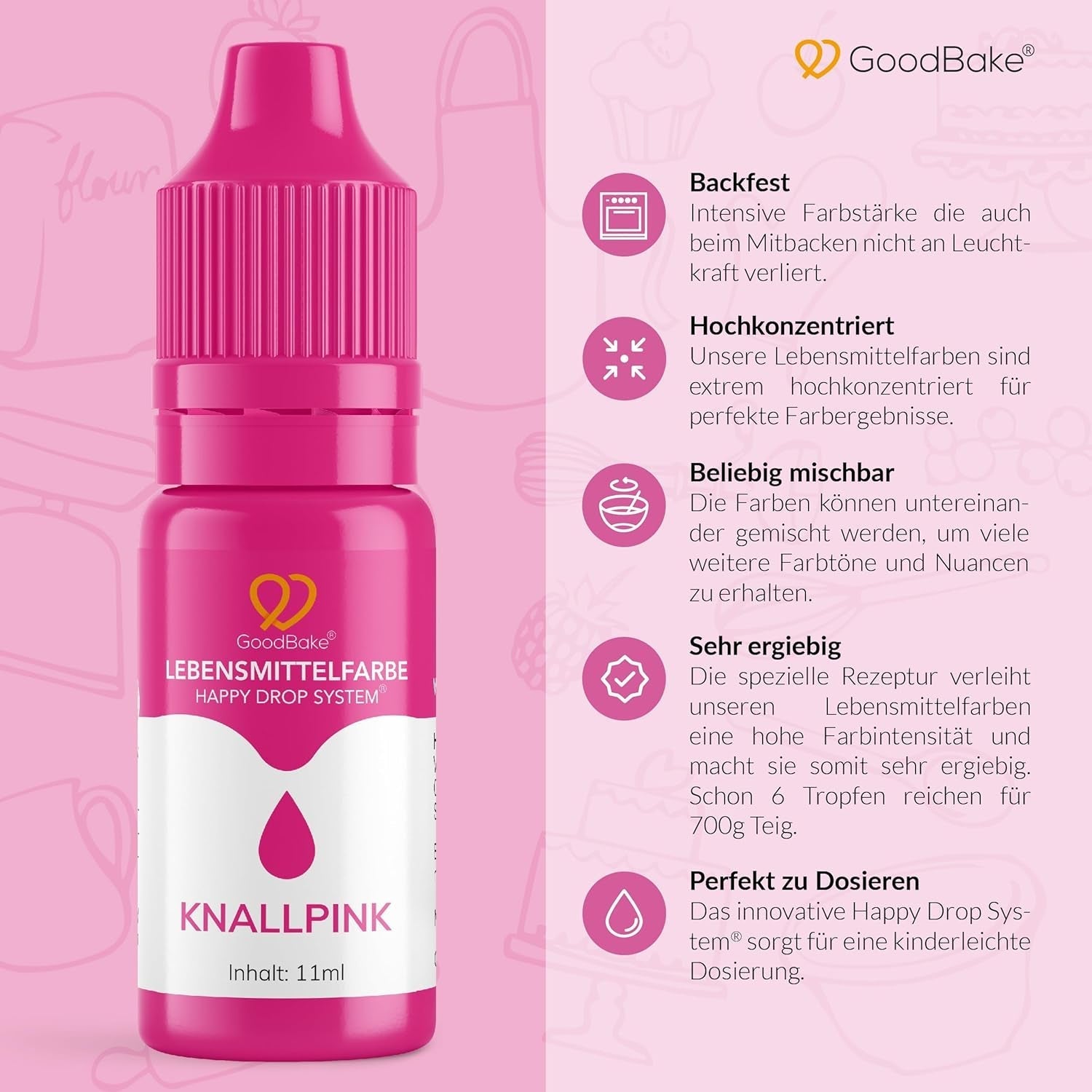 Colorant alimentar roz Goodbake (11 ml) – Colorant alimentar intens – Culoare foarte concentrată – Pentru colorarea prăjiturilor, fondantului, cremei de unt, băuturilor, slime-ului și multor altor obiecte. 100% vegan