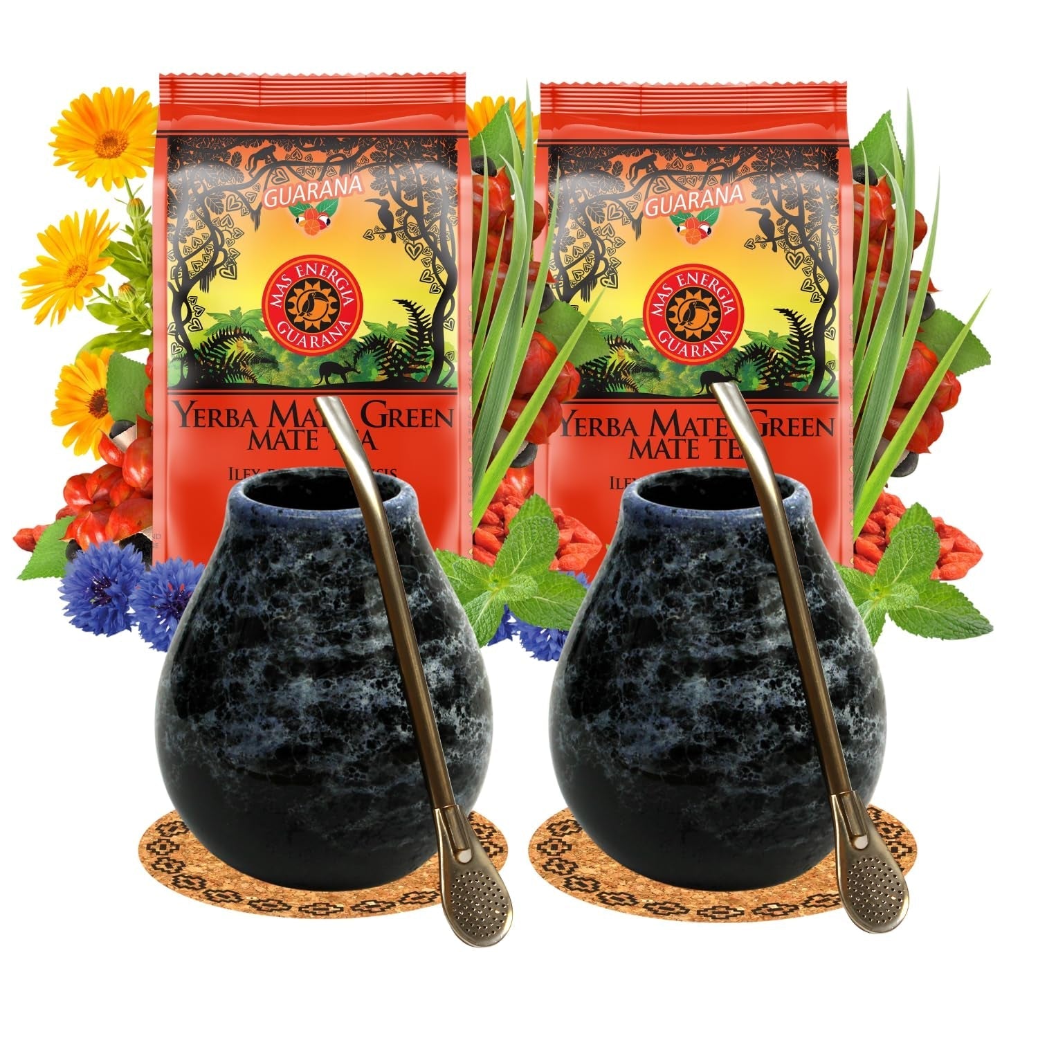 Set de ceai Yerba Mate pentru 2 persoane – Mas Energia Guarana 400 g – Cană din ceramică Marmol Blue 350 ml – Bombilla din oțel inoxidabil 19 cm – Ceai vrac 2 x 200 g